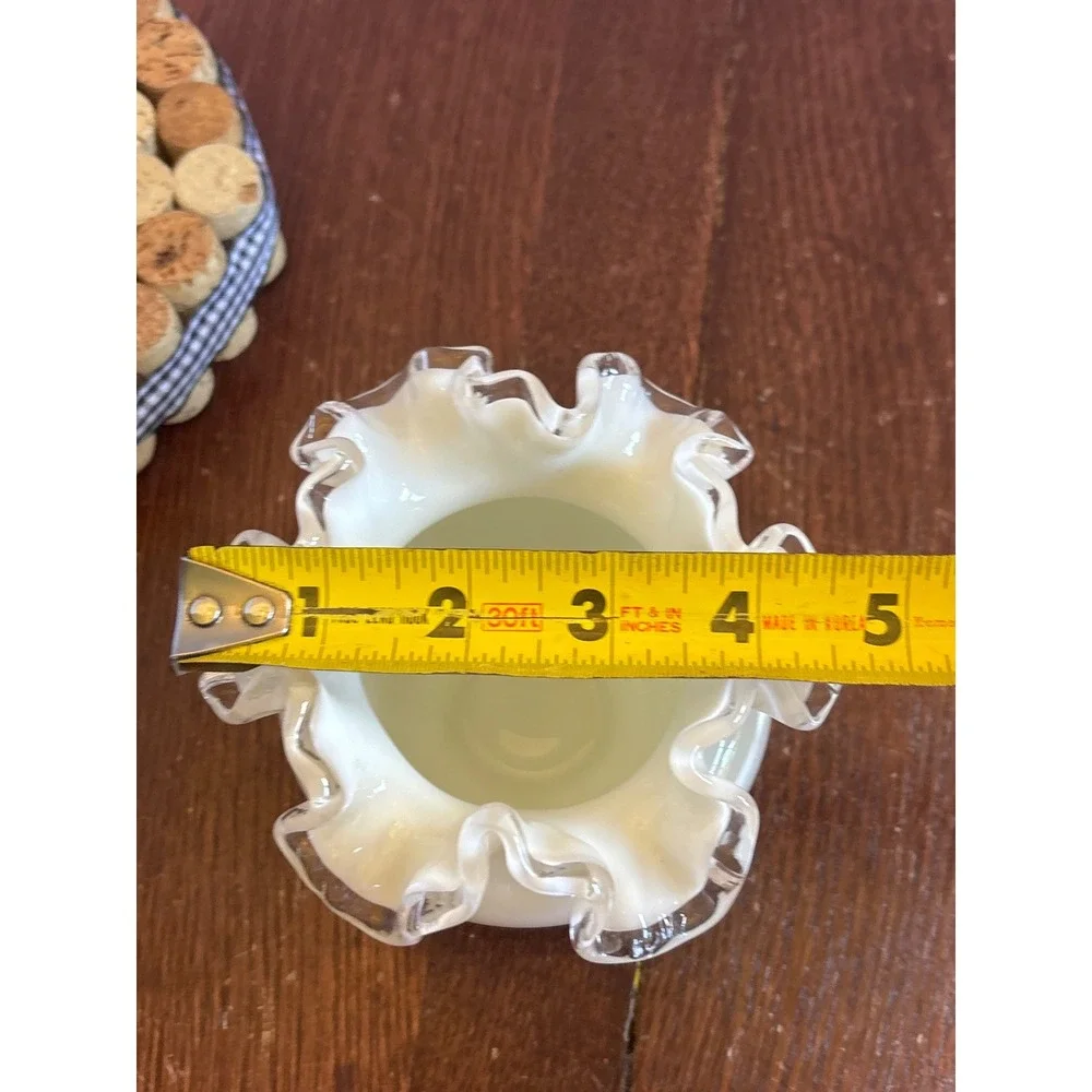 Fenton Custard Glass Rose Bowl Ruffled Rim Clear Crest Edge Vintage Art Glass